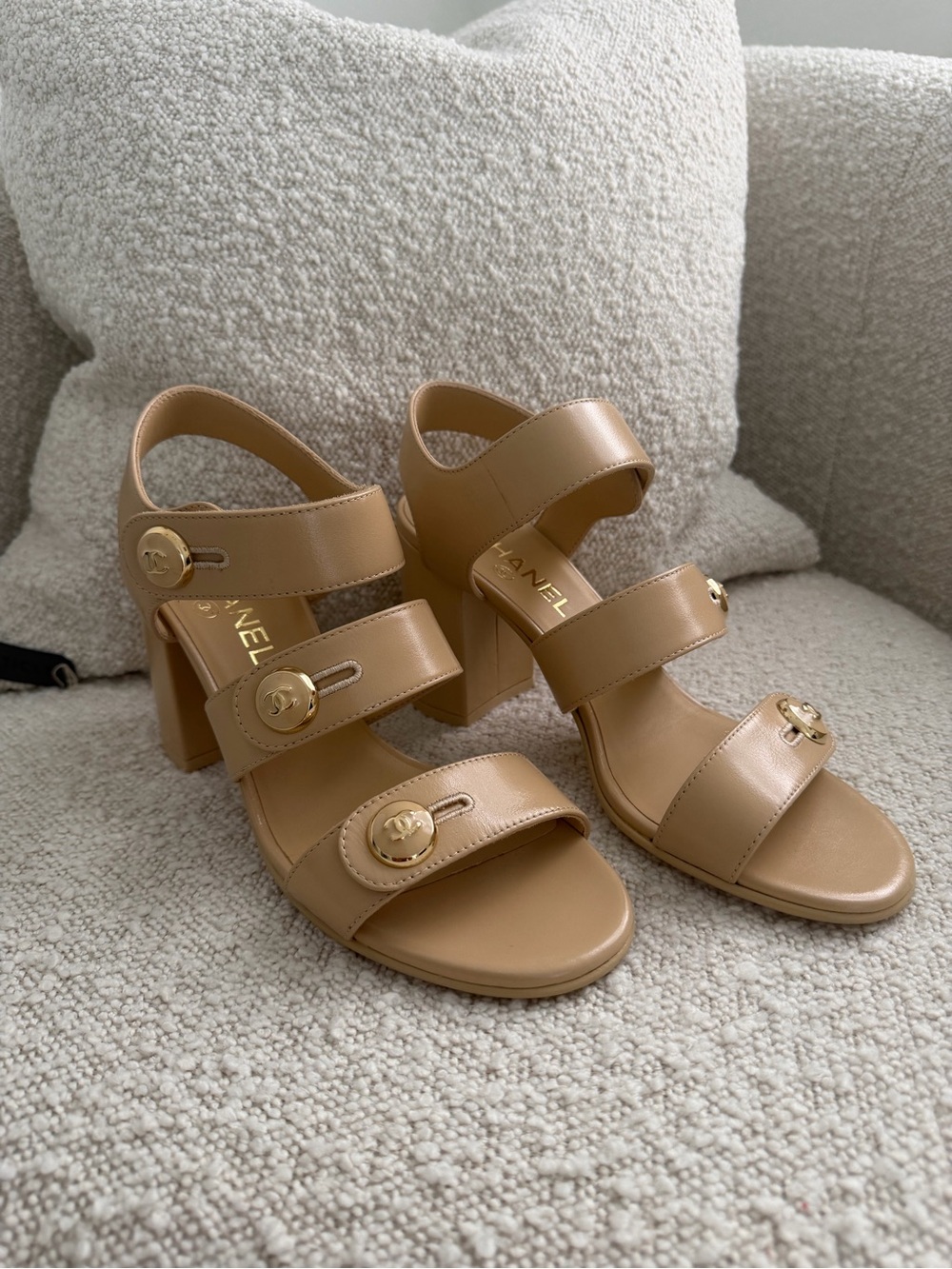 Chanel Beige Leather Block-Heel Sandals Size 39